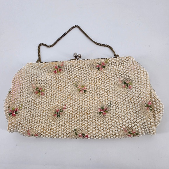 Corde Bead Handbags - Vintage Corde Bead White Faux Pearl Floral Beaded Clutch Evening Bag Made in USA